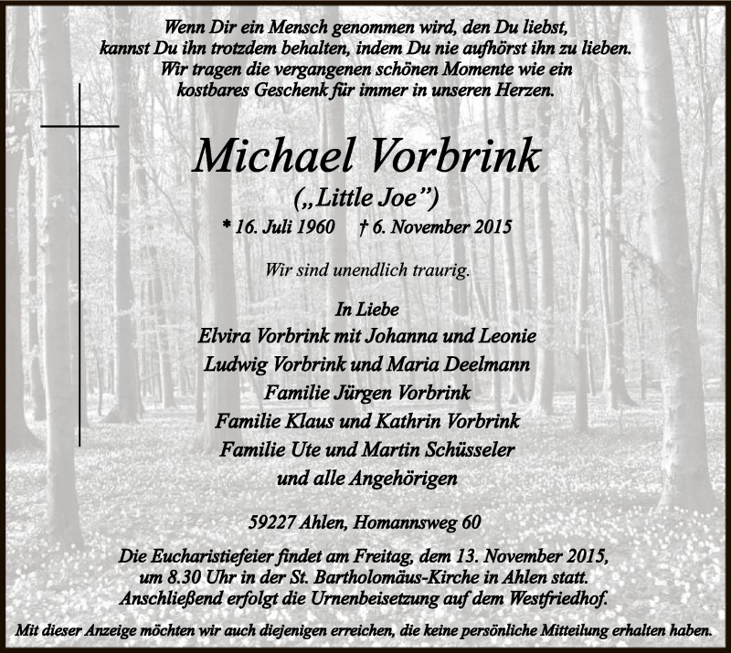  Traueranzeige für Michael Vorbrink vom 11.11.2015 aus MZV