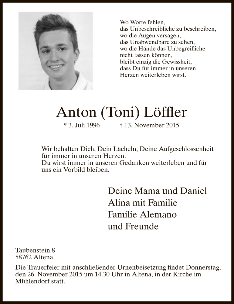  Traueranzeige für Anton Löffler vom 21.11.2015 aus MZV