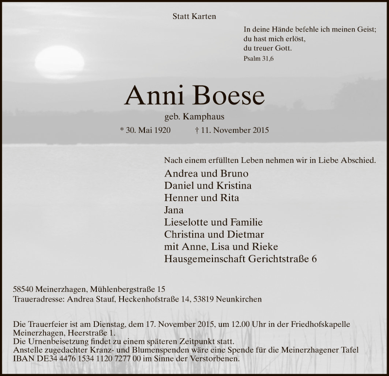  Traueranzeige für Anni Boese vom 14.11.2015 aus MZV