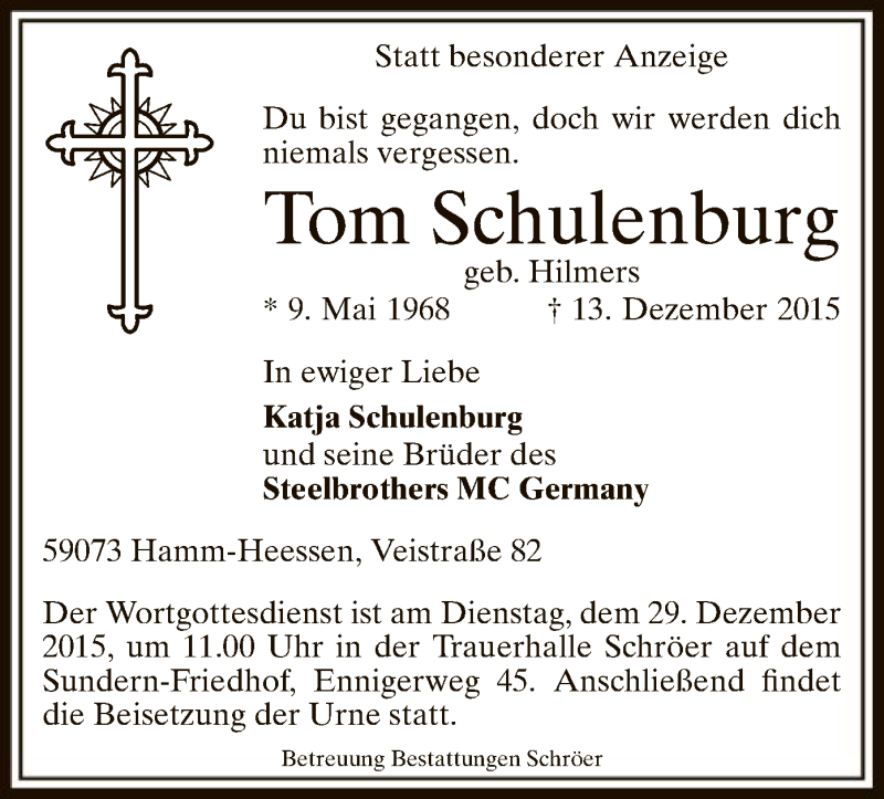  Traueranzeige für Tom Schulenburg vom 22.12.2015 aus MZV