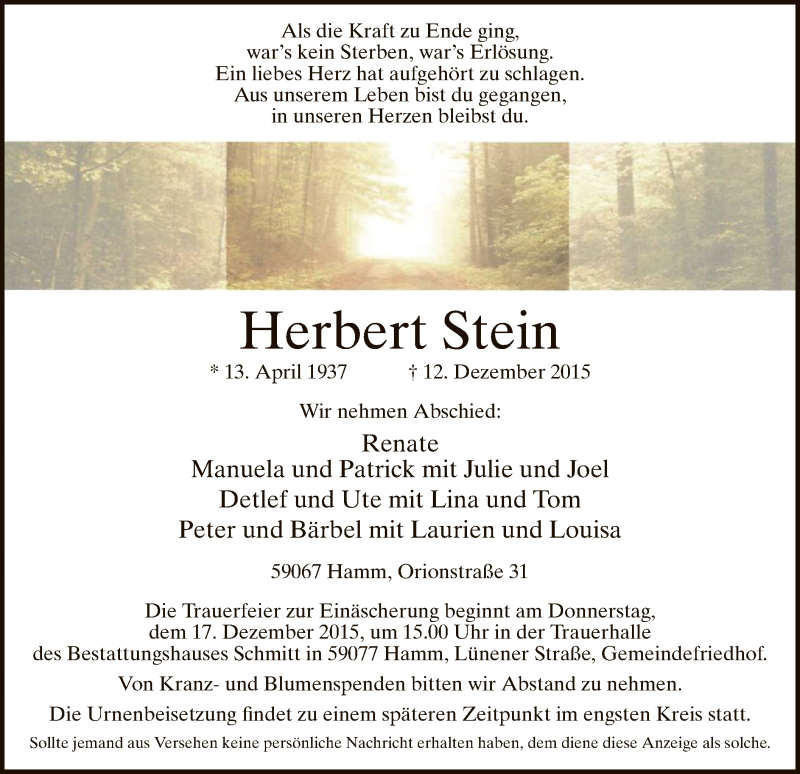  Traueranzeige für Herbert Stein vom 14.12.2015 aus MZV
