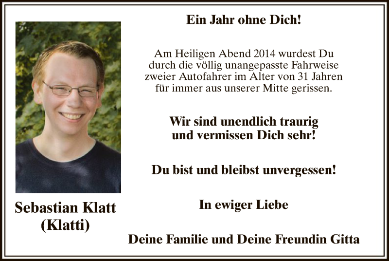  Traueranzeige für Sebastian Klatt vom 24.12.2015 aus MZV