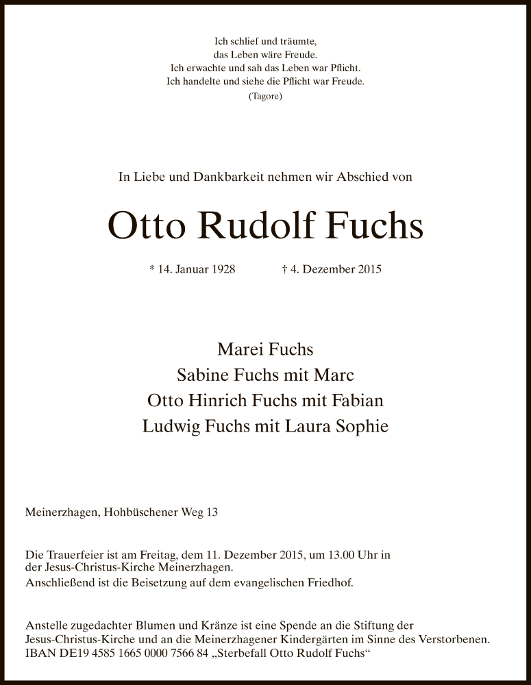  Traueranzeige für Otto Rudolf Fuchs vom 08.12.2015 aus MZV