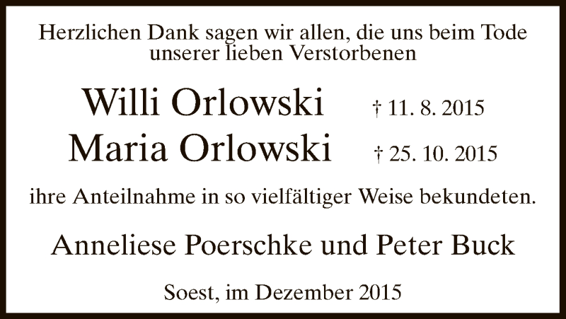  Traueranzeige für Willi und Maria Orlowski vom 24.12.2015 aus MZV