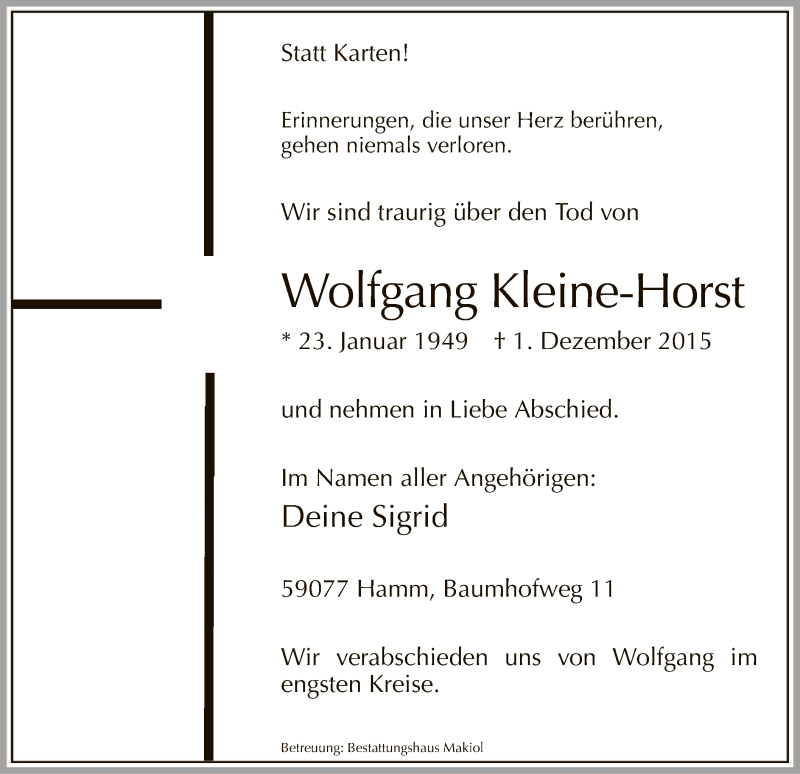  Traueranzeige für Wolfgang Kleine-Horst vom 05.12.2015 aus MZV