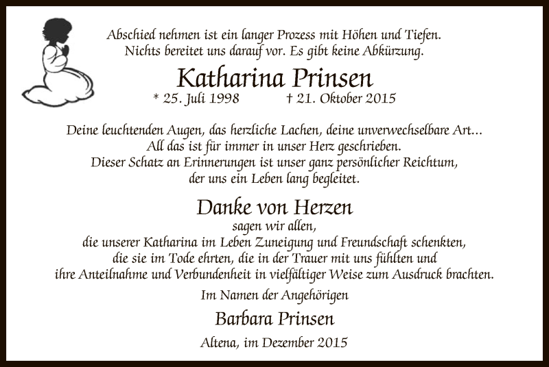  Traueranzeige für Katharina Prinsen vom 12.12.2015 aus MZV