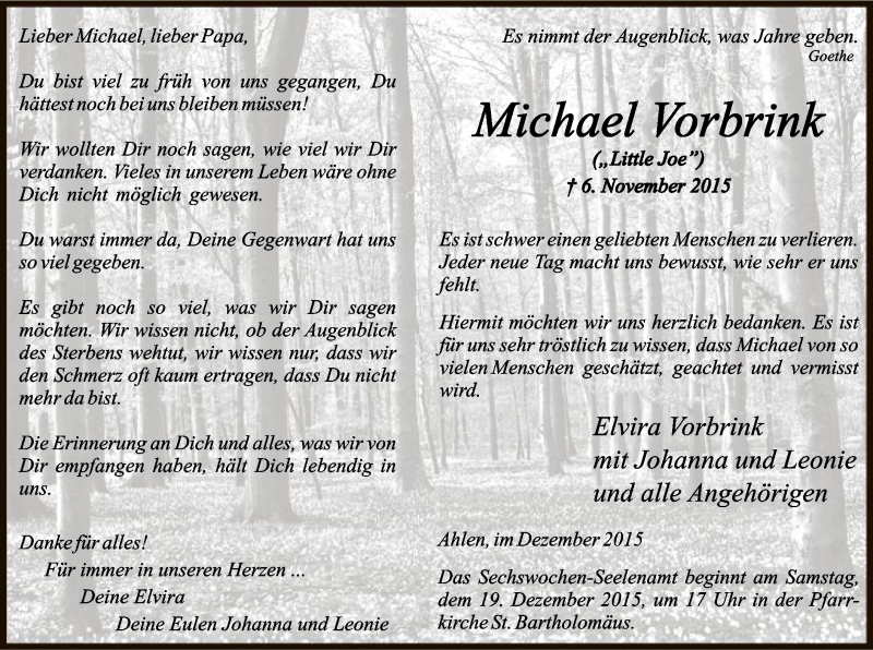  Traueranzeige für Michael Vorbrink vom 16.12.2015 aus MZV