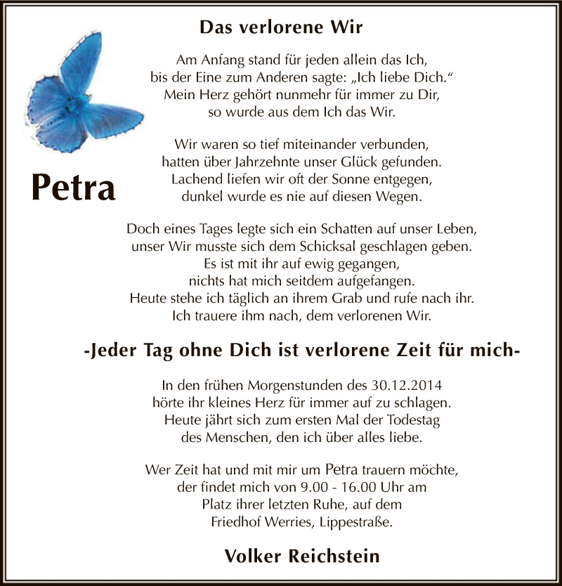  Traueranzeige für Petra Reichstein vom 30.12.2015 aus MZV