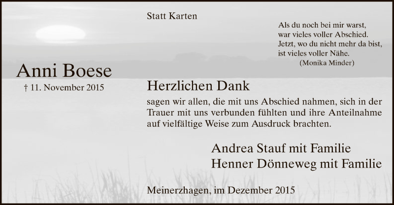  Traueranzeige für Anni Boese vom 19.12.2015 aus MZV