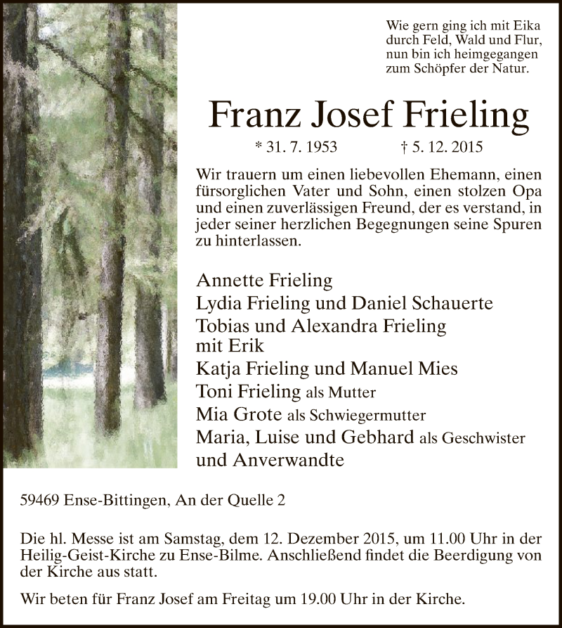  Traueranzeige für Franz Josef Frieling vom 09.12.2015 aus MZV
