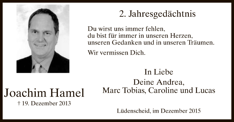 Traueranzeige für Joachim Hamel vom 19.12.2015 aus MZV