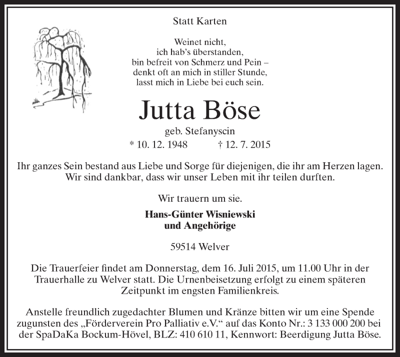  Traueranzeige für Jutta Böse vom 15.07.2015 aus MZV