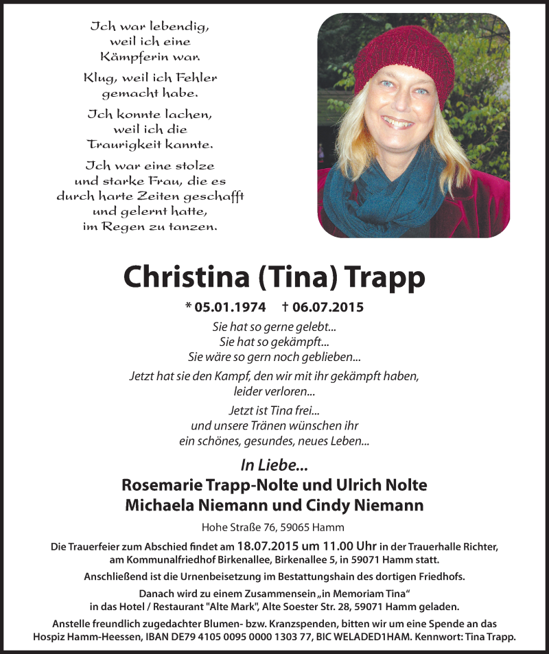  Traueranzeige für Christina Tina Trapp vom 15.07.2015 aus MZV