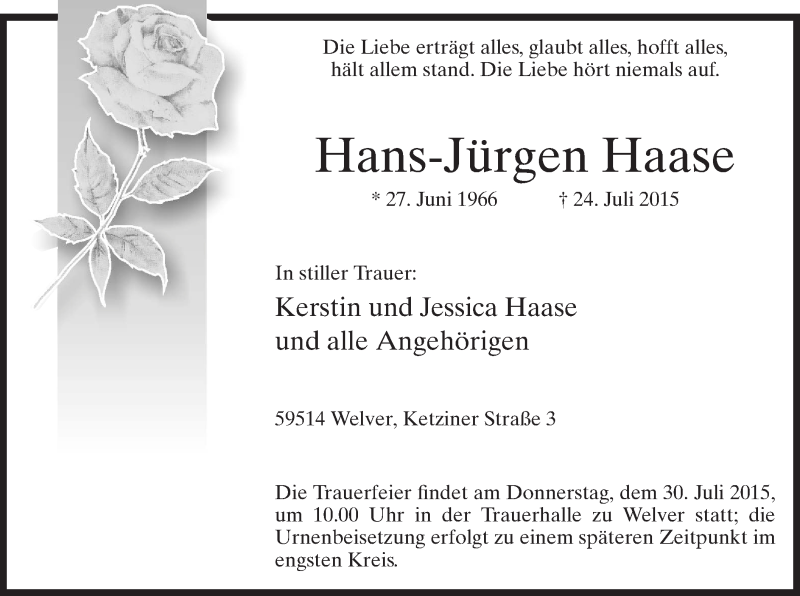  Traueranzeige für Hans-Jürgen Haase vom 27.07.2015 aus MZV