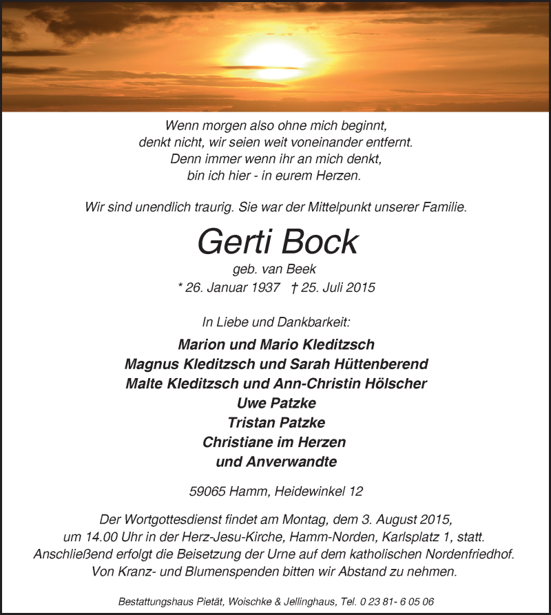  Traueranzeige für Gerti Bock vom 29.07.2015 aus MZV