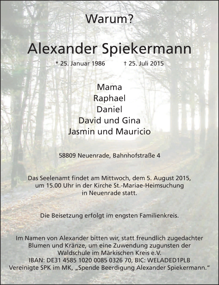  Traueranzeige für Alexander Spiekermann vom 01.08.2015 aus MZV