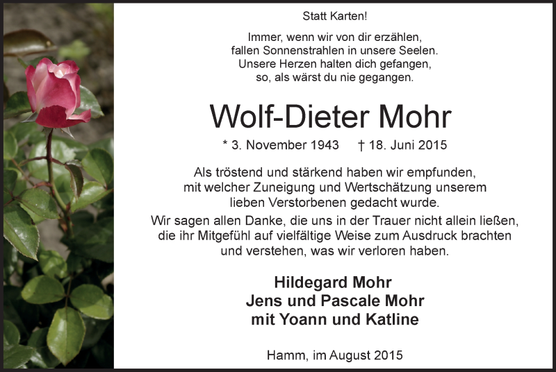  Traueranzeige für Wolf-Dieter Mohr vom 01.08.2015 aus MZV