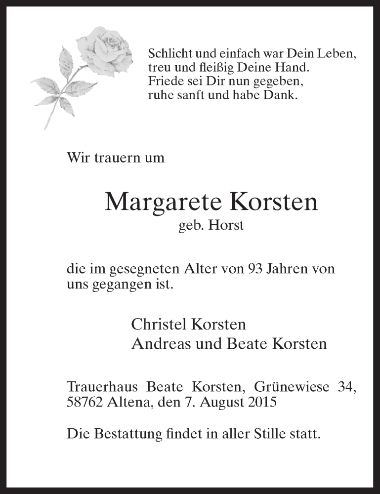  Traueranzeige für Margarete Korsten vom 11.08.2015 aus MZV