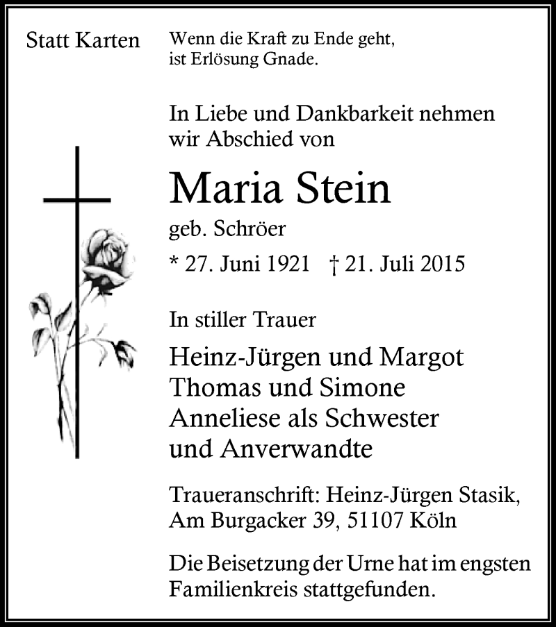  Traueranzeige für Maria Stein vom 01.08.2015 aus MZV