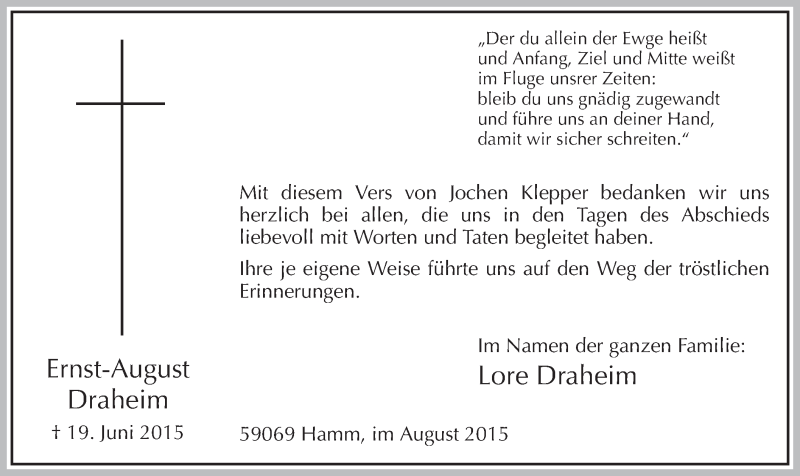  Traueranzeige für Ernst-August Draheim vom 24.08.2015 aus MZV