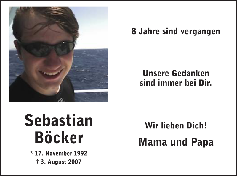  Traueranzeige für Sebastian Böcker vom 03.08.2015 aus MZV