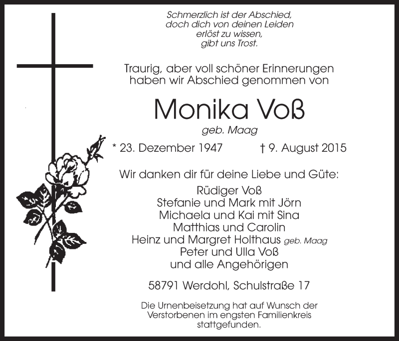  Traueranzeige für Monika Voß vom 14.08.2015 aus MZV