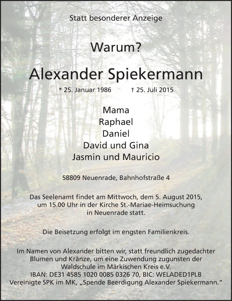 Traueranzeige für Alexander Spiekermann vom 04.08.2015 aus MZV