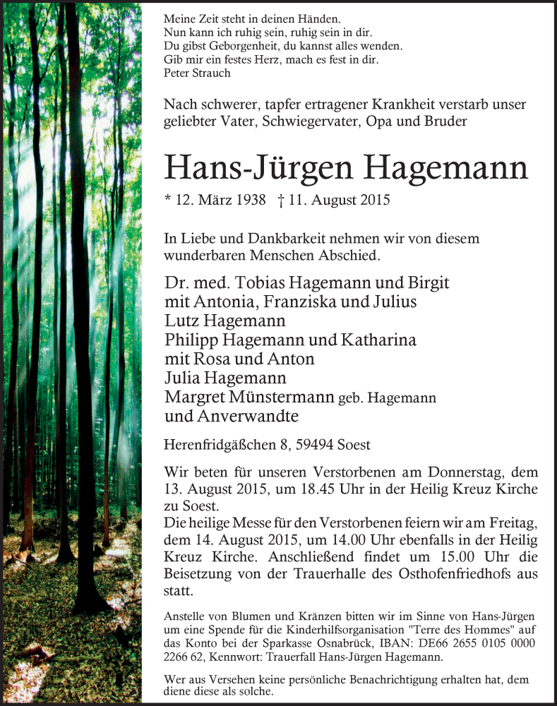  Traueranzeige für Hans-Jürgen Hagemann vom 12.08.2015 aus MZV