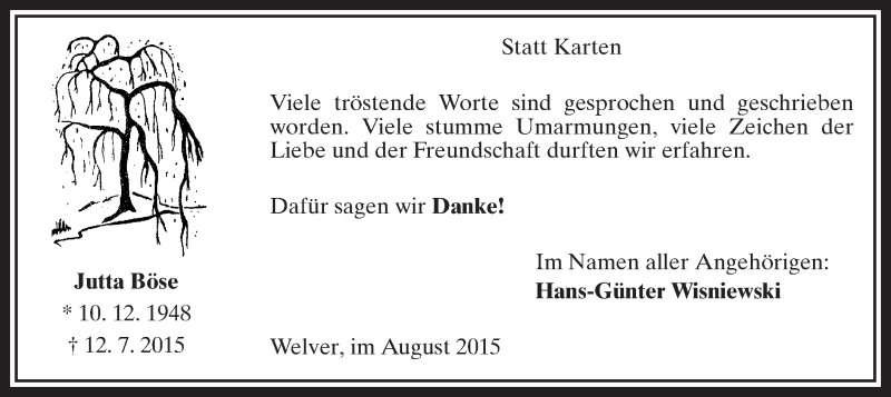  Traueranzeige für Jutta Böse vom 15.08.2015 aus MZV