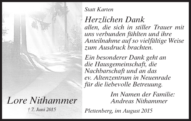  Traueranzeige für Lore Nithammer vom 08.08.2015 aus MZV