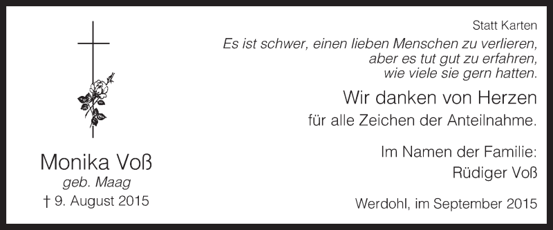  Traueranzeige für Monika Voß vom 09.09.2015 aus MZV