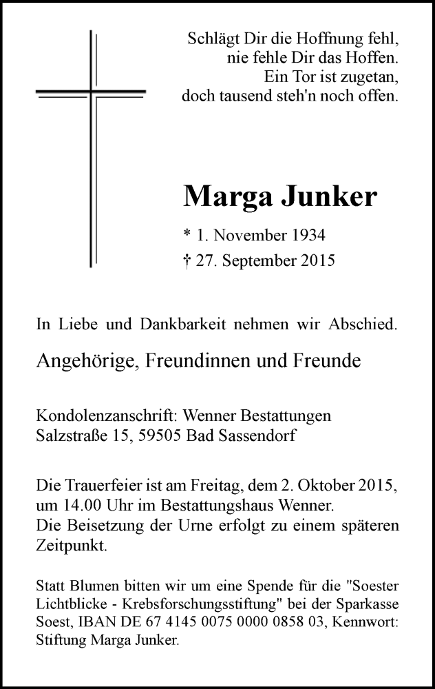 Traueranzeige für Marga Junker vom 29.09.2015 aus MZV