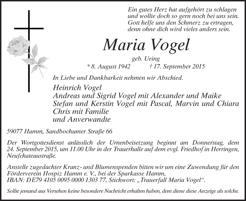  Traueranzeige für Maria Vogel vom 21.09.2015 aus MZV