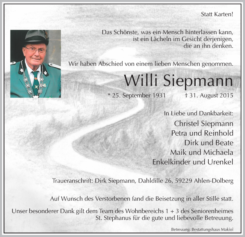  Traueranzeige für Willi Siepmann vom 09.09.2015 aus MZV