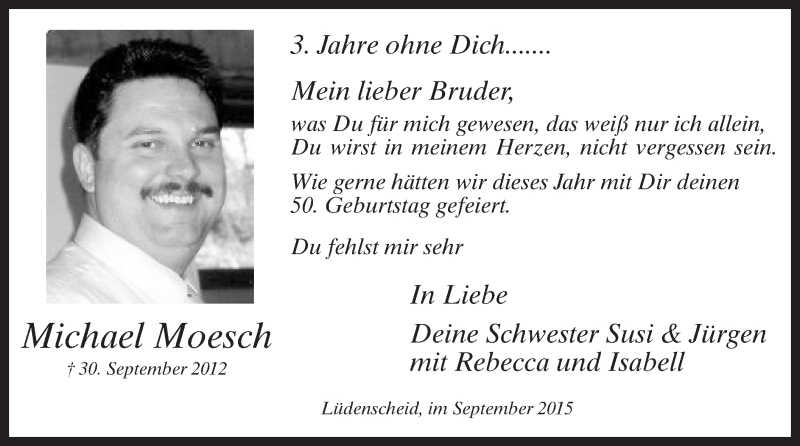  Traueranzeige für Michael Moesch vom 30.09.2015 aus MZV