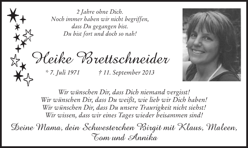  Traueranzeige für Heike Brettschneider vom 11.09.2015 aus MZV