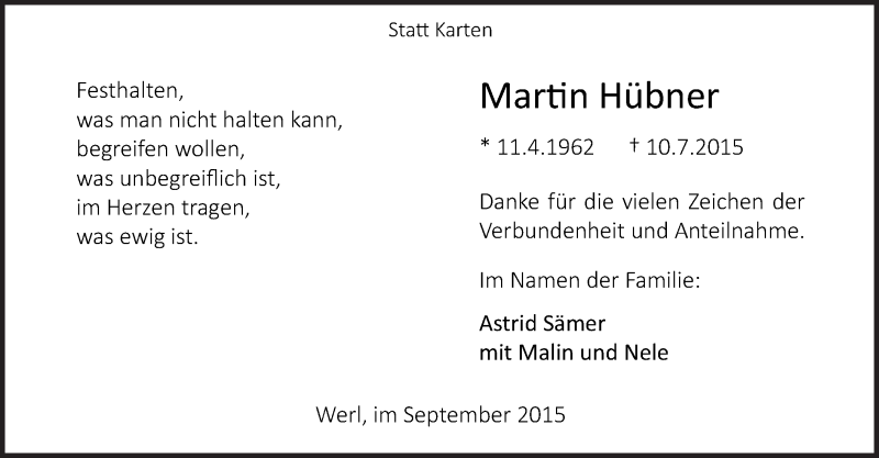  Traueranzeige für Martin Hübner vom 08.09.2015 aus MZV
