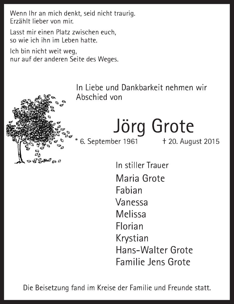 Traueranzeige für Jörg Grote vom 05.09.2015 aus MZV