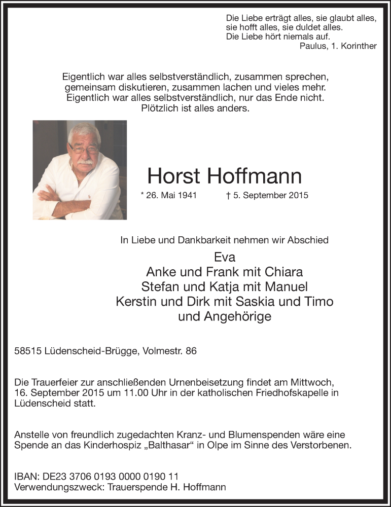  Traueranzeige für Horst Hoffmann vom 09.09.2015 aus MZV