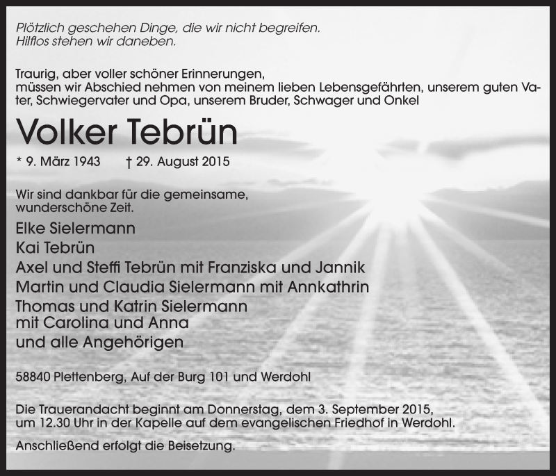  Traueranzeige für Volker Tebrün vom 02.09.2015 aus MZV