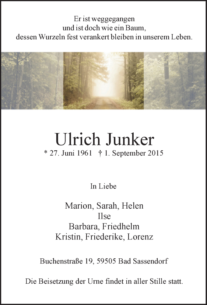 Traueranzeige für Ulrich Junker vom 05.09.2015 aus MZV