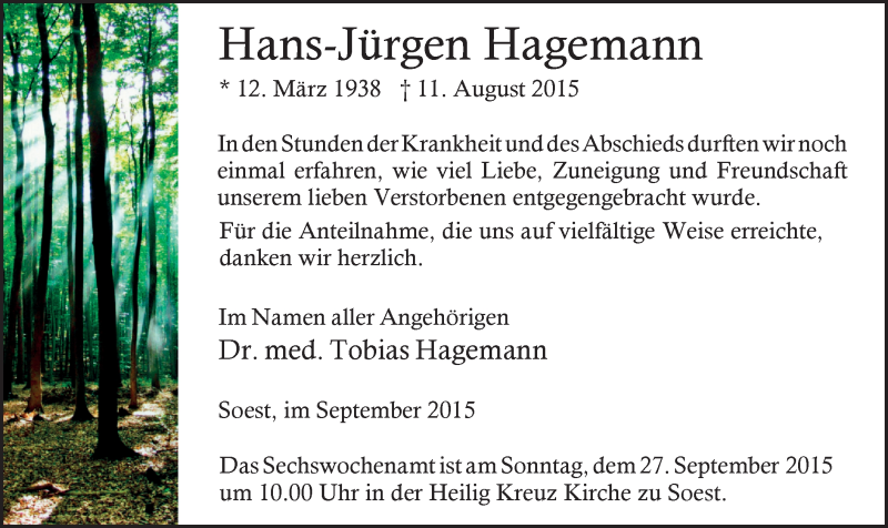  Traueranzeige für Hans-Jürgen Hagemann vom 19.09.2015 aus MZV