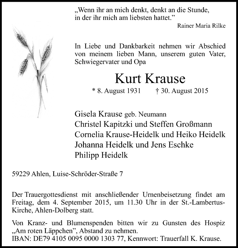  Traueranzeige für Kurt Krause vom 02.09.2015 aus MZV