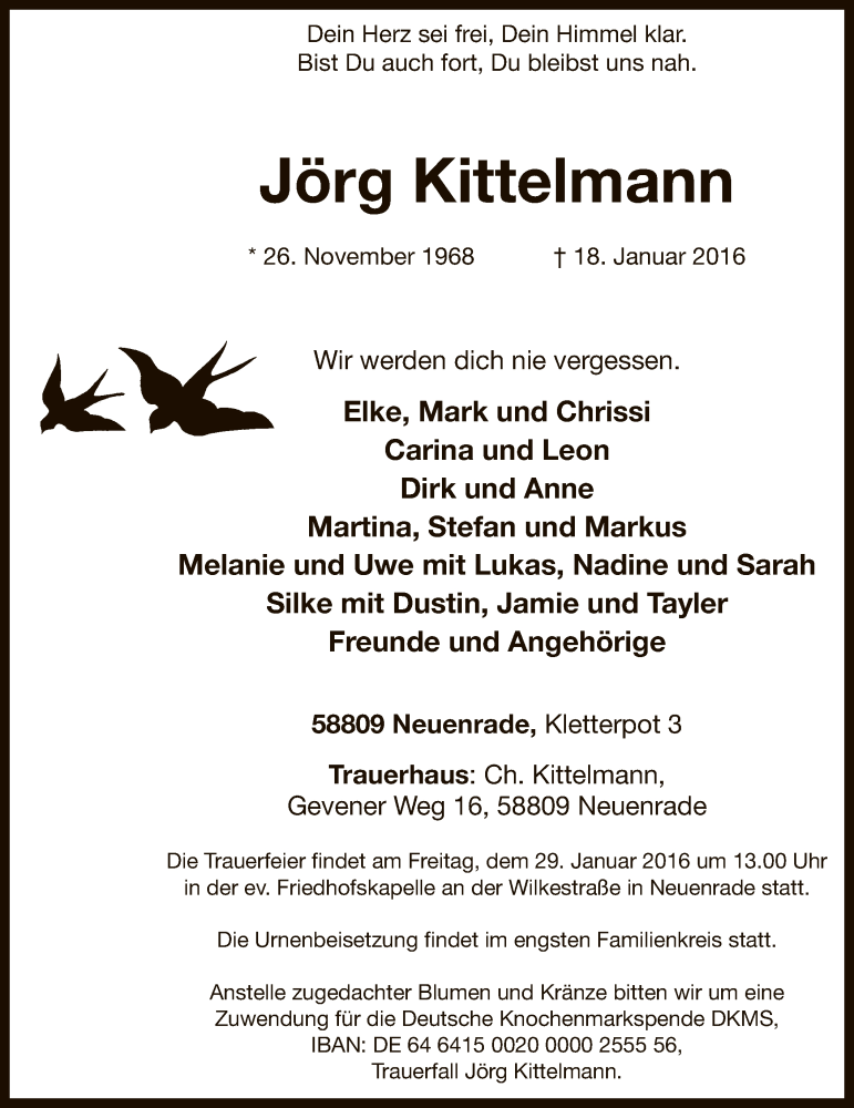  Traueranzeige für Jörg Kittelmann vom 20.01.2016 aus MZV