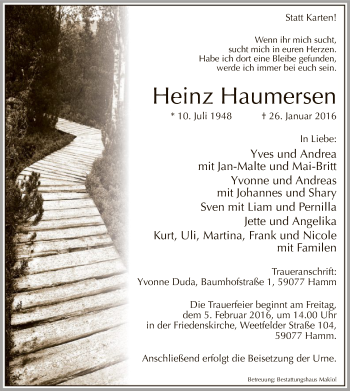 Traueranzeige von Heinz Haumersen von MZV