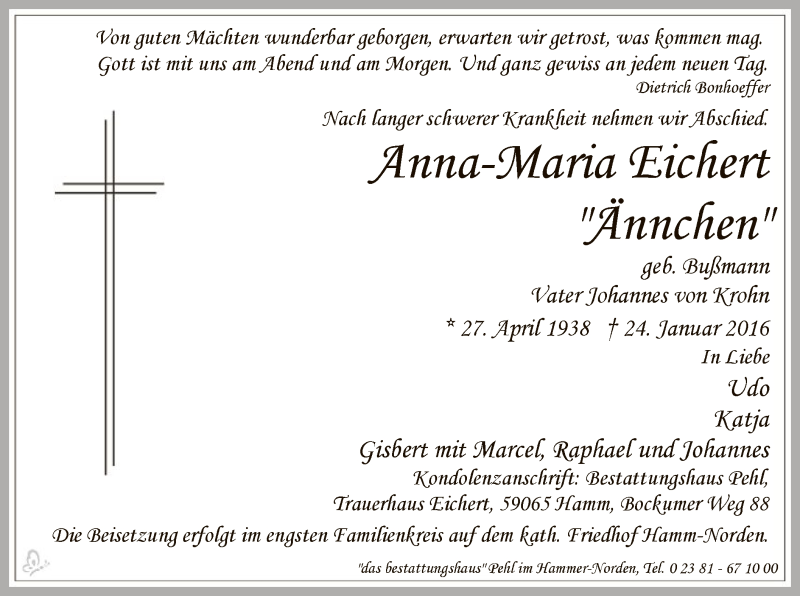  Traueranzeige für Anna-Maria Eichert vom 30.01.2016 aus MZV