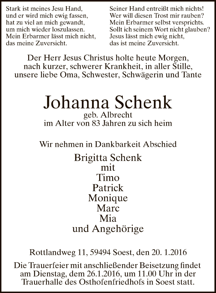  Traueranzeige für Johanna Schenk vom 23.01.2016 aus MZV