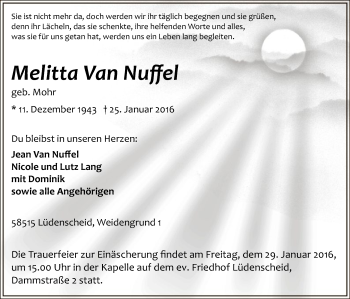 Traueranzeige von Melitta van Nuffel von MZV