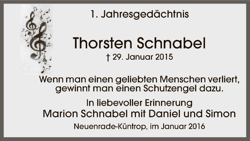  Traueranzeige für Thorsten Schnabel vom 29.01.2016 aus MZV