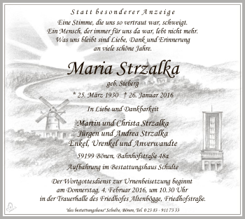 Traueranzeige von Maria Strzalka von MZV